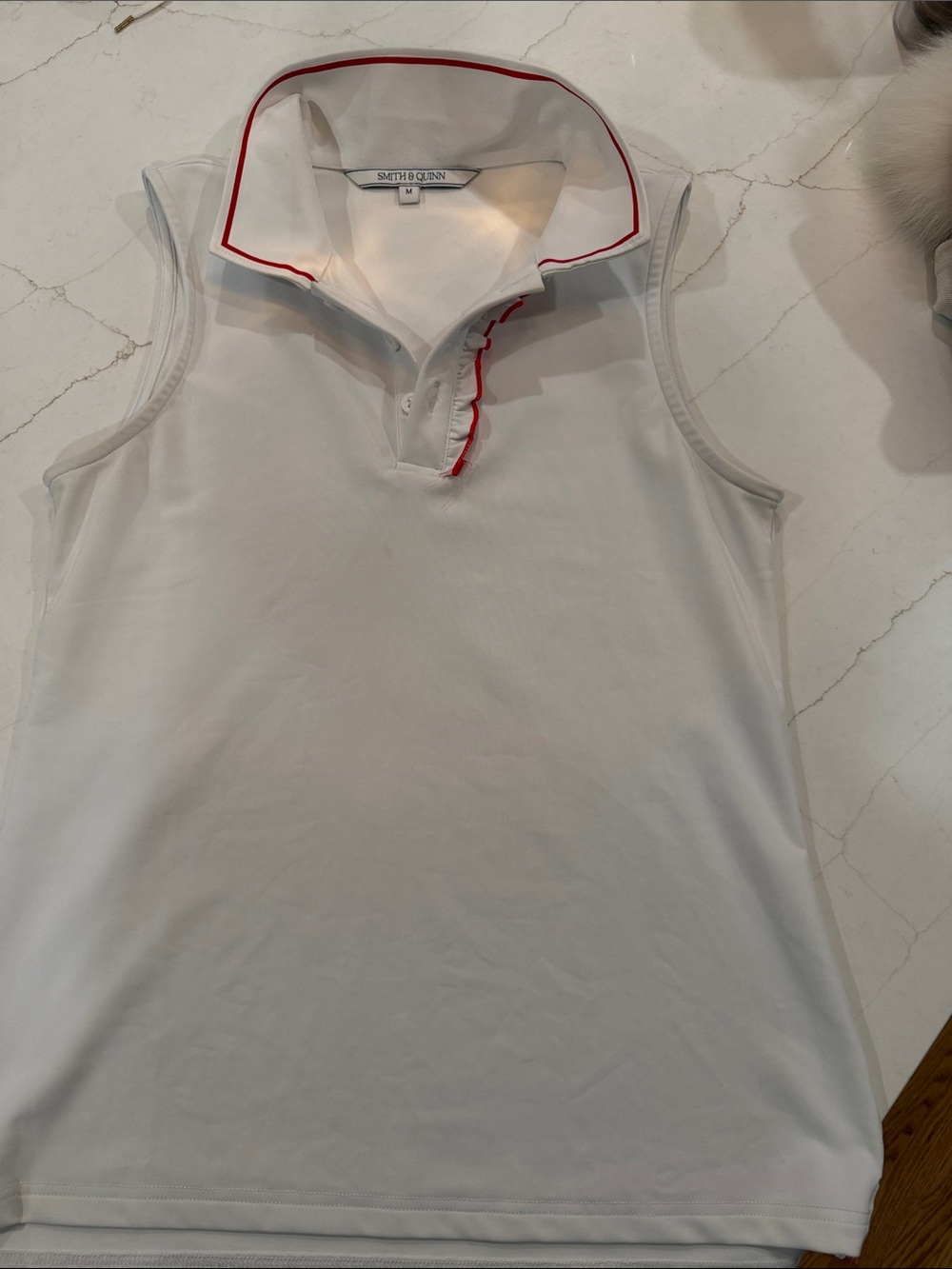 White Sleeveless Polo Shirt with Red Trim -